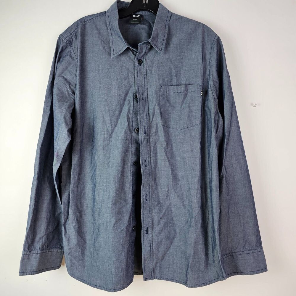 Oakley Mens Blue Long Sleeve Button Front Regular Fit Shirt Size Large Casual